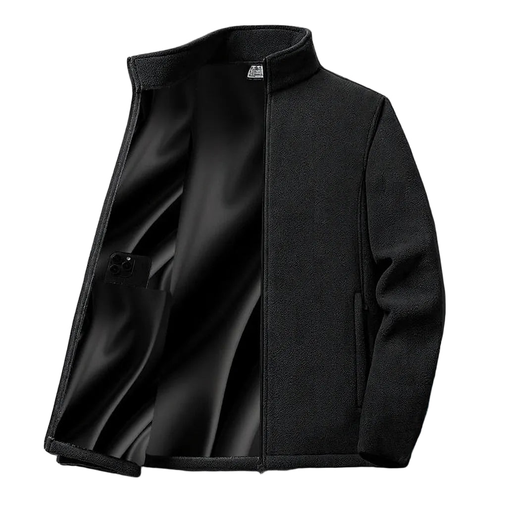 Black jacket on a gray background with a flame graphic in the corner