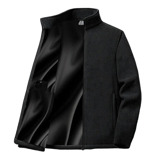 Black jacket on a gray background with a flame graphic in the corner